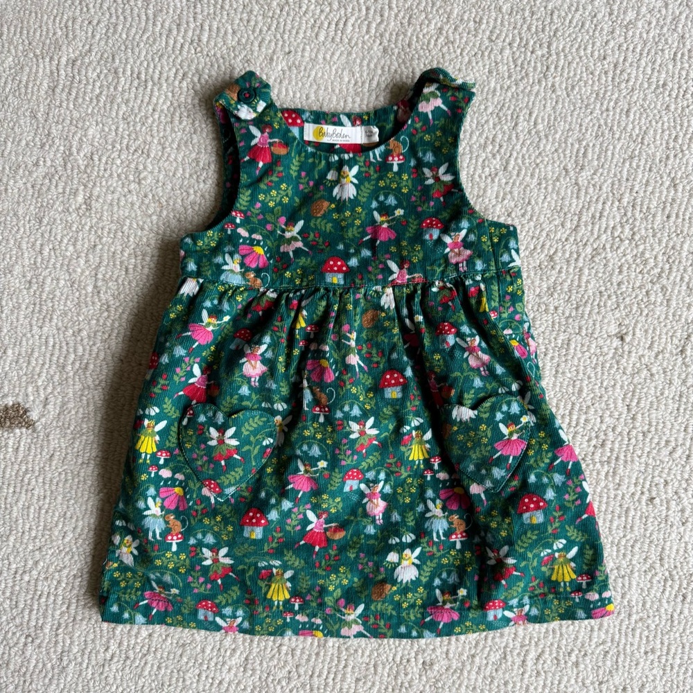Baby Boden Green Floral Fairy Mushroom Corduroy Kids Girls Dress NWOT 6-9 months